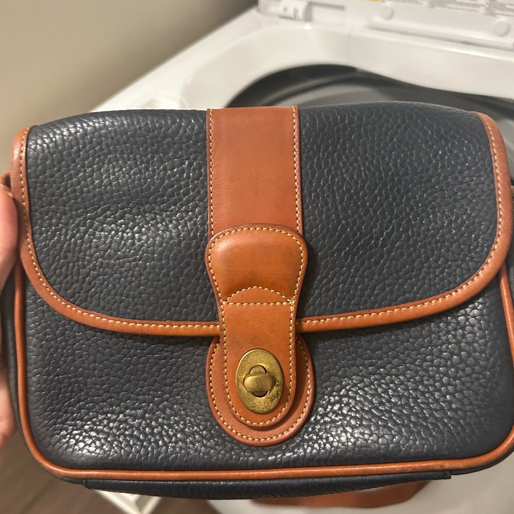 Women's Pebbled Leather Crossbody Bag in Black with Tan Trim